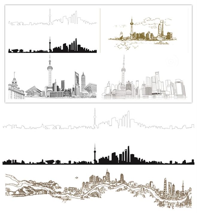 上海沪城市宣传PS设计元素材标志性建筑AI手绘线描简笔画剪影合集